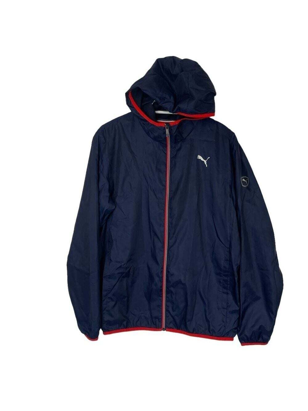 Puma Women’s Hooded Rain Jacket Full Zip Blue Red Zipper Raincoat Size Small